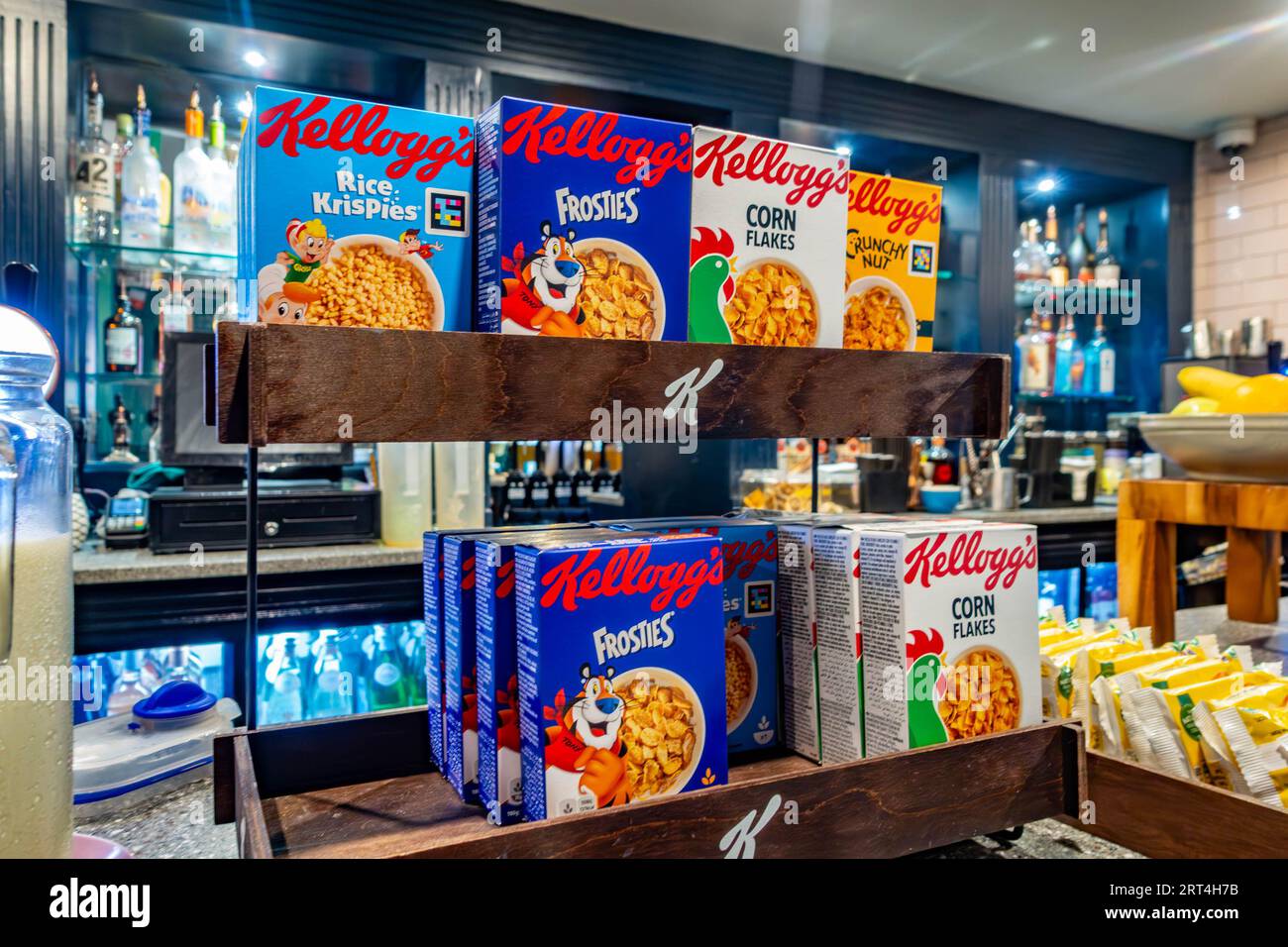 A selection of Kellogg's cereals at a self service breakfast buffet in