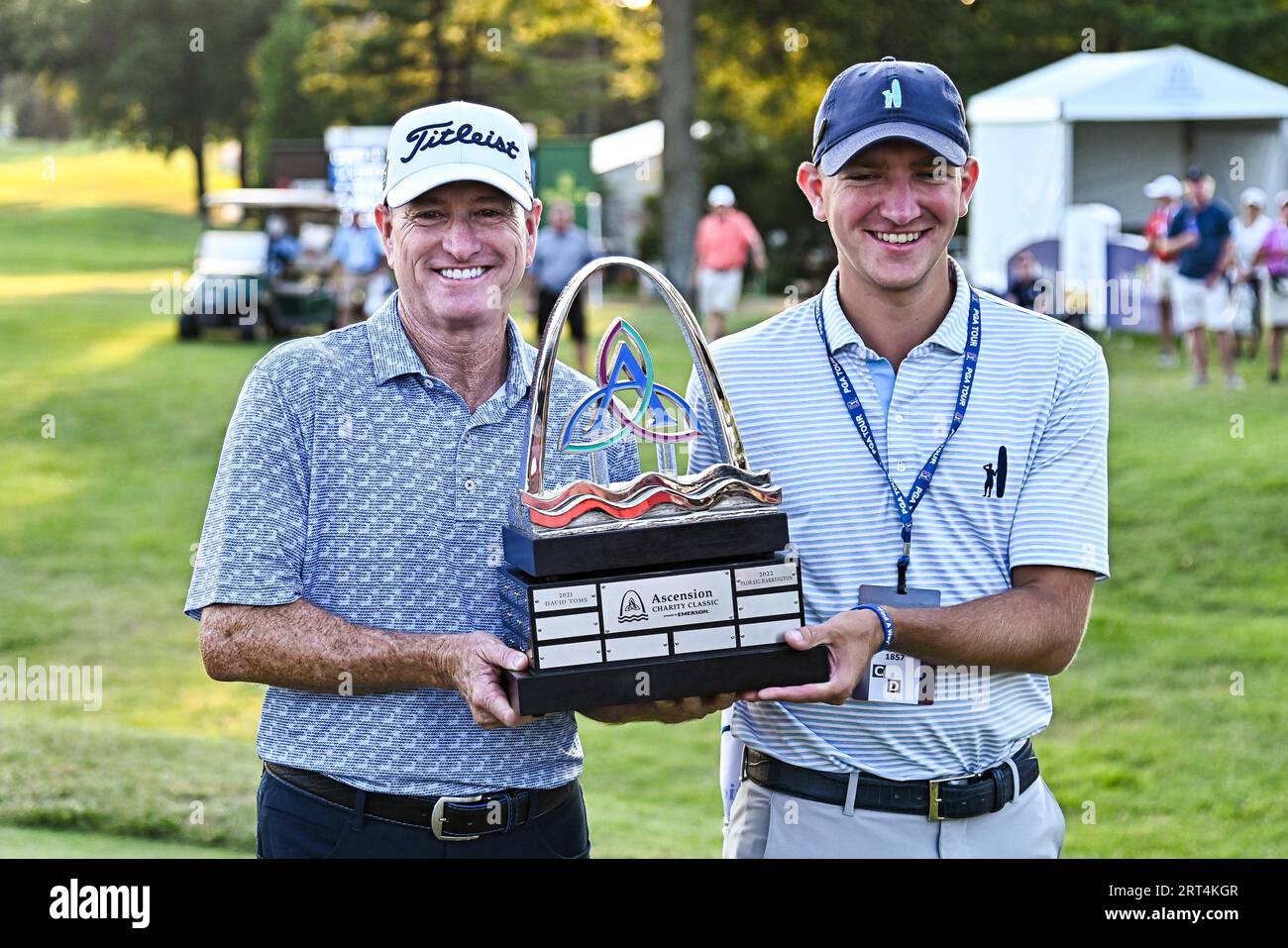St. Louis, USA. September 10, 2023: Steve Flesch of the United States and his son Griffin who caddied for him in the tournament hoist the championship trophy after winning the Ascension Charity Classic held at Norwood Hills Country Club in Jennings, MO Richard Ulreich/CSM Credit: Cal Sport Media/Alamy Live News Stock Photo