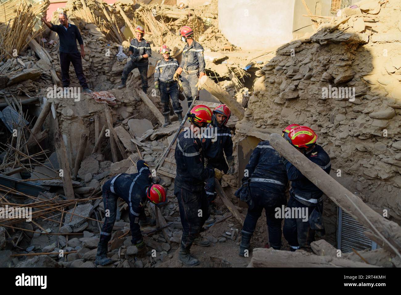 Amizmiz, Morocco. 10th Sep, 2023. Firefighters are seen digging among the rubbles in search for survivors in the aftermath of the earthquake. In a race against time, search and rescue teams are still trying to save those trapped under the rubbles after the 6.8 magnitude earthquake that hit 8th September 70 km south of Marrakesh and was one of the strongest and deadliest in Morocco's history, with a death toll of more than 2000 people and thousands of injured. (Photo by Davide Bonaldo/Sipa USA) Credit: Sipa USA/Alamy Live News Stock Photo