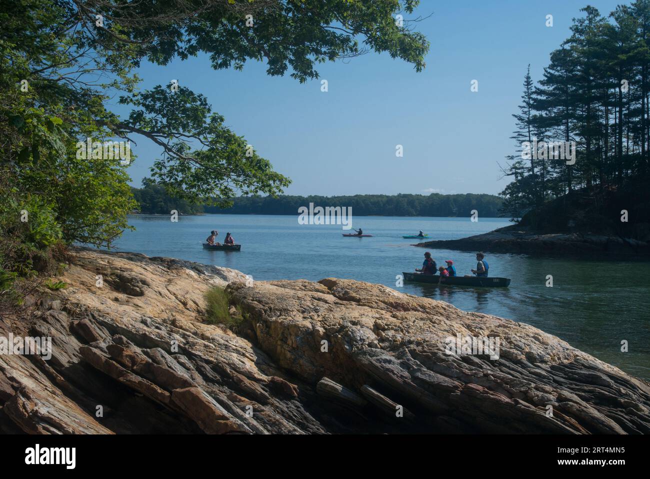 Kayakers and canoeists paddling on a beautiful sunny day along Maine's coast on Casco Bay in  Wolfe's Neck State Park, Freeport, Maine, USA Stock Photo
