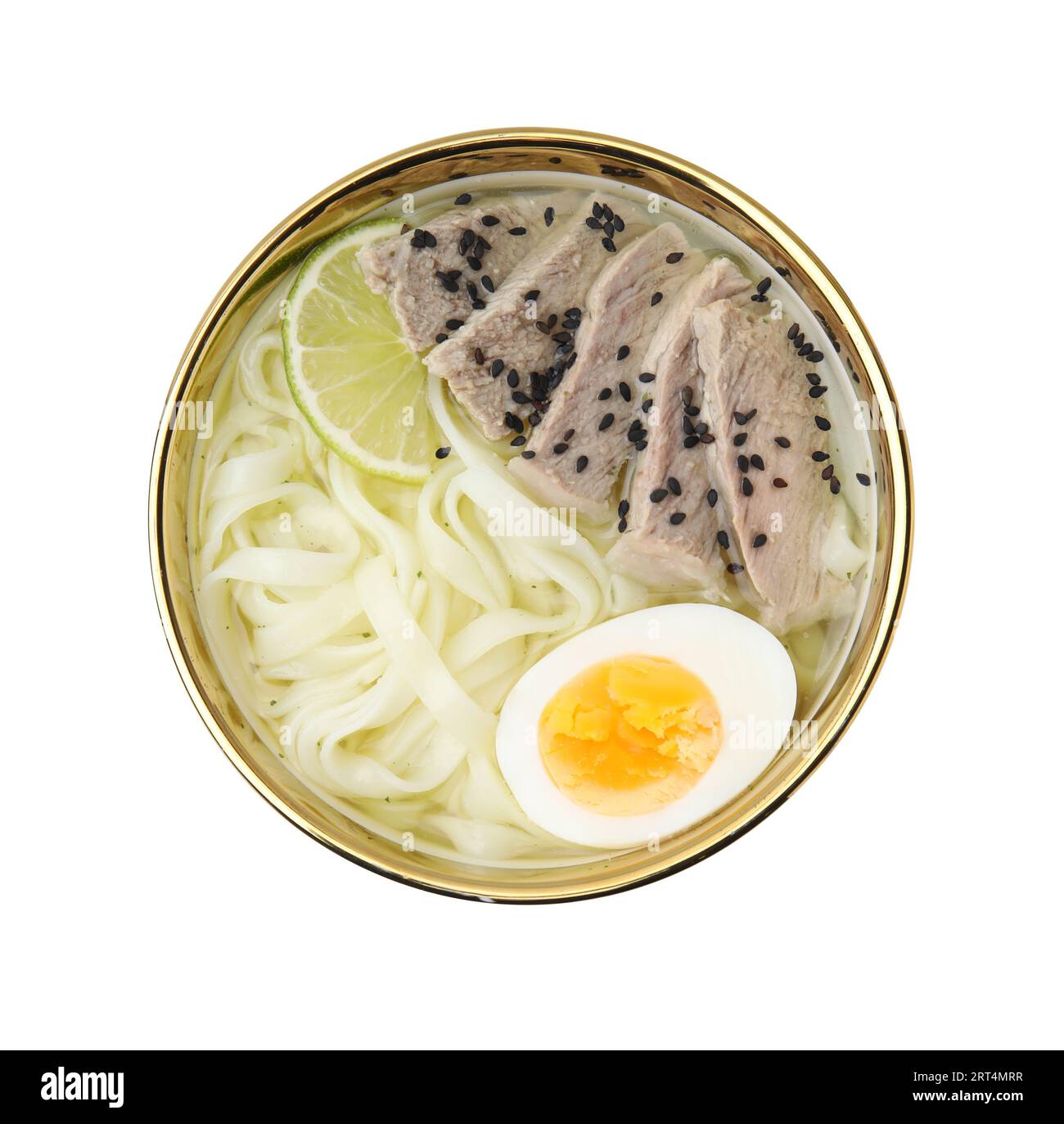 Bowl of delicious rice noodle soup with meat and egg isolated on white