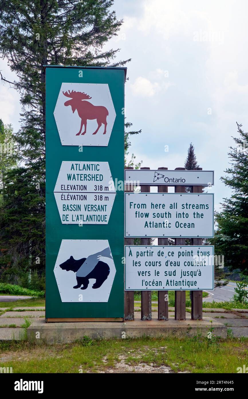 Sign on highway 11 in Ontario Canada with information on the Atlantic and Artic Watershed.  From this point south, all streams feed into the Great Lak Stock Photo