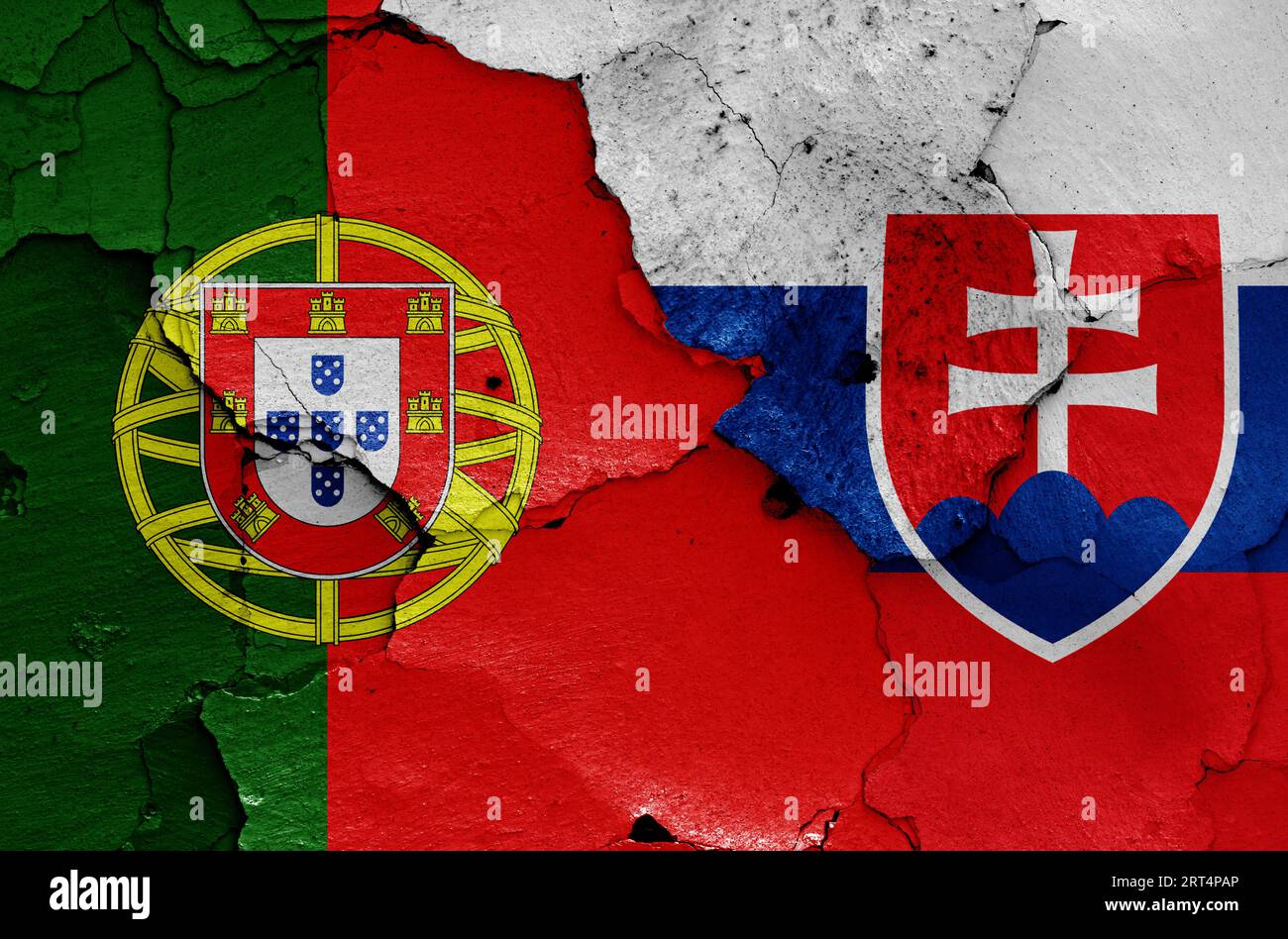 flags of Portugal and Slovakia painted on cracked wall Stock Photo