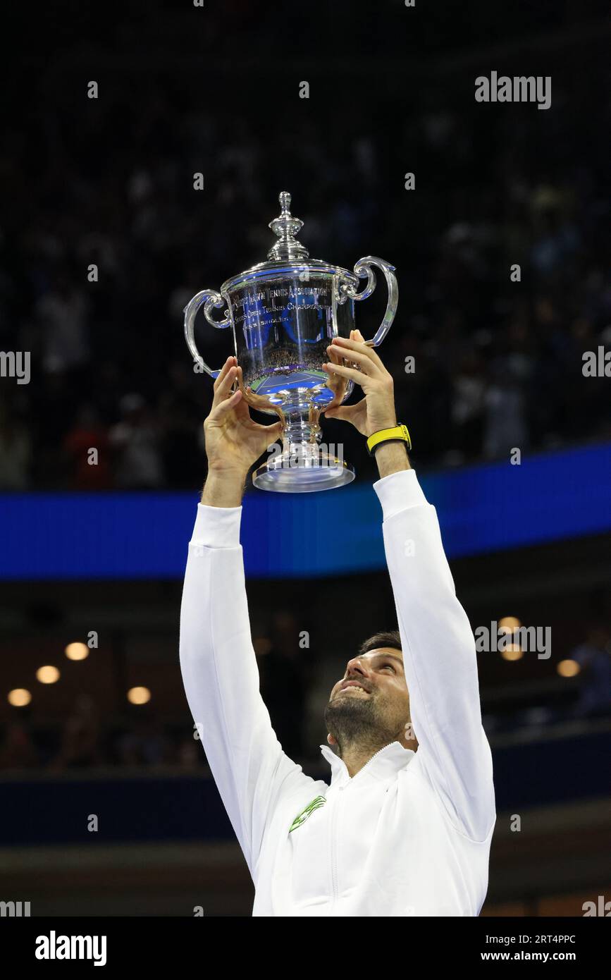 New York, United States. 10th Sep, 2023. Novak Djokovic with US Open trophy after defeating Daniil Medvedev in men's final at the US Open. Credit: Adam Stoltman/Alamy Live News Stock Photo