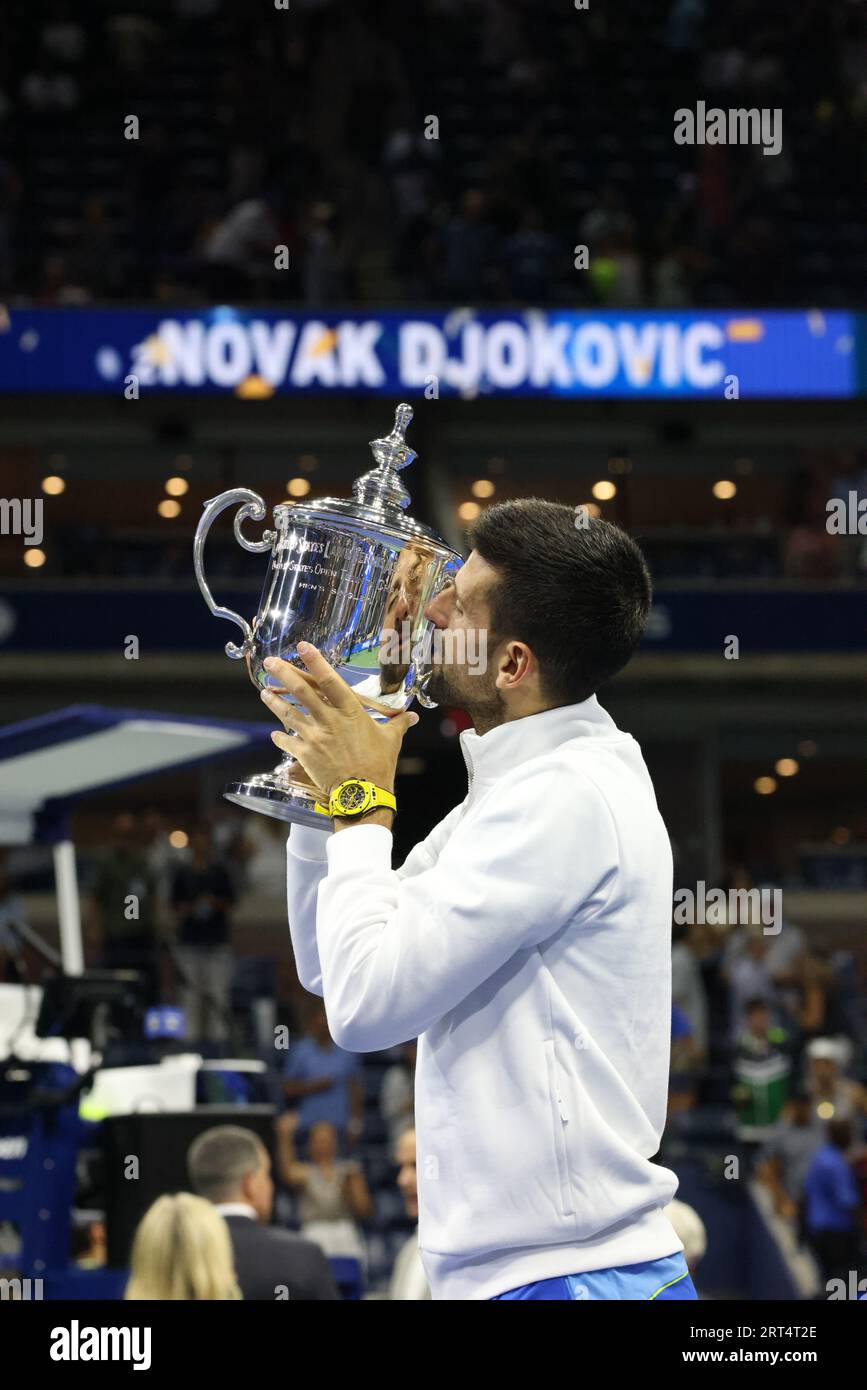 New York, United States. 10th Sep, 2023. Novak Djokovic with US Open trophy after defeating Daniil Medvedev in men's final at the US Open. Credit: Adam Stoltman/Alamy Live News Stock Photo