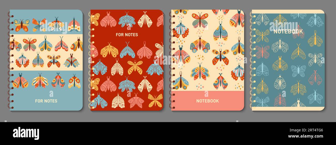 Butterfly and moth notebook cover mystical boho set. Retro bohemian