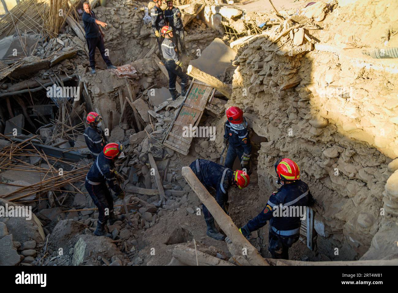Amizmiz, Morocco. 10th Sep, 2023. (EDITORS NOTE: Image taken with drone)Firefighters are seen digging among the rubbles in search of survivors in the aftermath of the earthquake. In a race against time, search and rescue teams are still trying to save those trapped under the rubbles after the 6.8 magnitude earthquake that hit 8th September 70 km south of Marrakesh and was one of the strongest and deadliest in Morocco's history, with a death toll of more than 2000 people and thousands of injured. Credit: SOPA Images Limited/Alamy Live News Stock Photo
