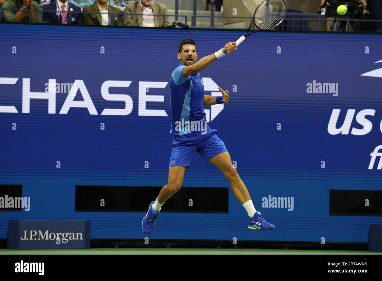 New York, United States. 10th Sep, 2023. Novak Djokovic in action against Daniil Medvedev in the men's final at the US Open. Djokovic won the match in three sets to claim his 24th grand slam title. Credit: Adam Stoltman/Alamy Live News Stock Photo