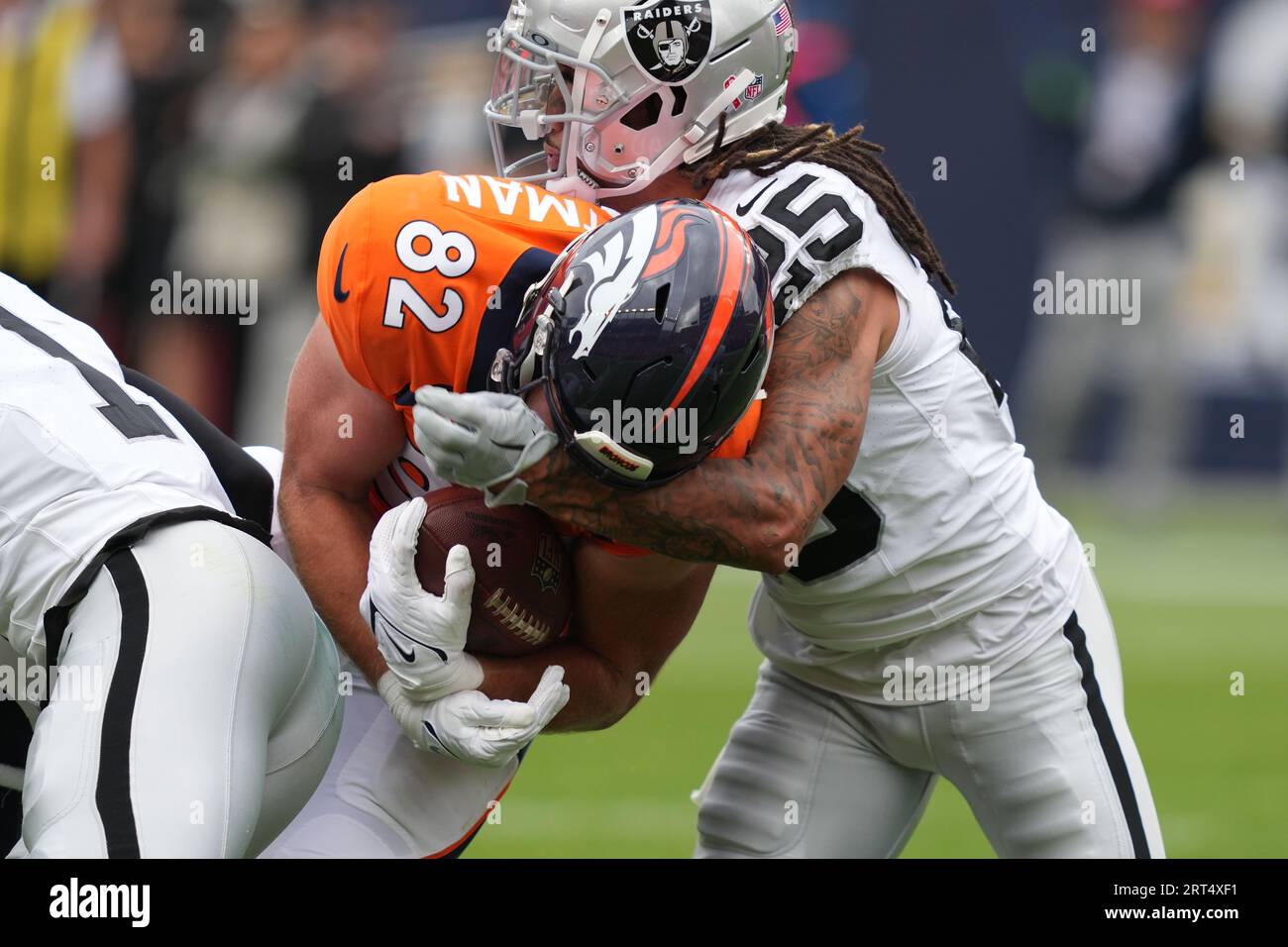 Denver, United States. 10th Sep, 2023. Denver Broncos tight end Adam  Trautman (82) makes a reception and gets tackled by Las Vegas Raiders  safety Tre'von Moehrig (25) during the NFL regular season