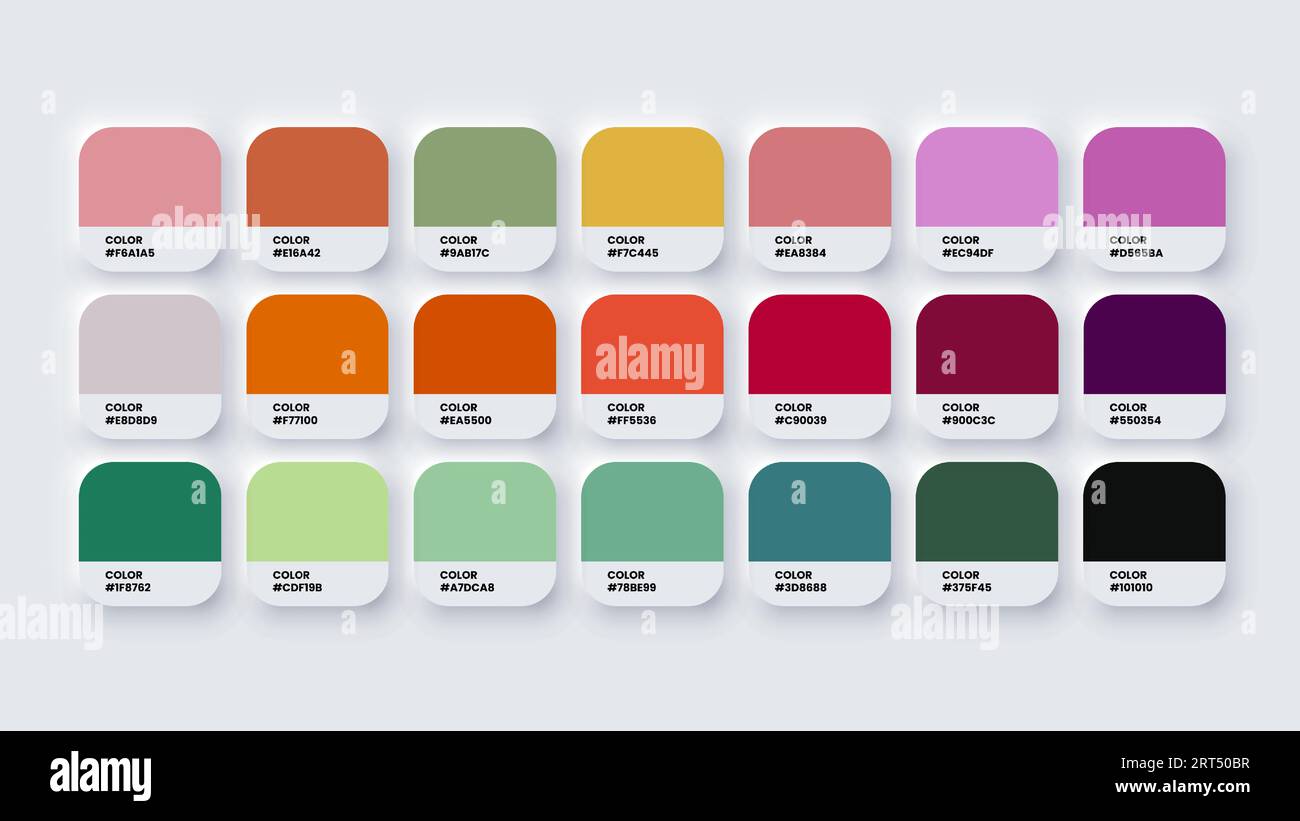 Color Palette, Color Swatches in RGB, HEX Colors, Paint Color Palette, Bright Colour in HEX Codes Catalog, Pastel Color Tones Stock Vector