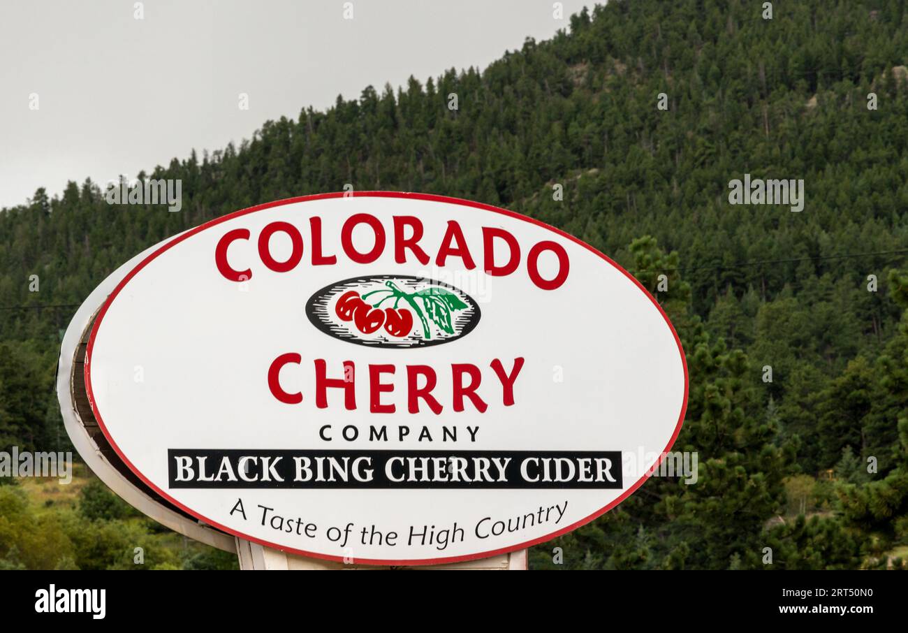 Estes Park, Colorado - September 3, 2023:  Colorado Cherry Company Sign Board Stock Photo
