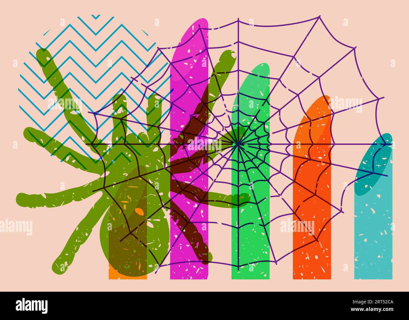 Spider and spider web with geometric shapes. Object in trendy riso graph design for Halloween. Geometry elements abstract risograph print texture styl Stock Vector