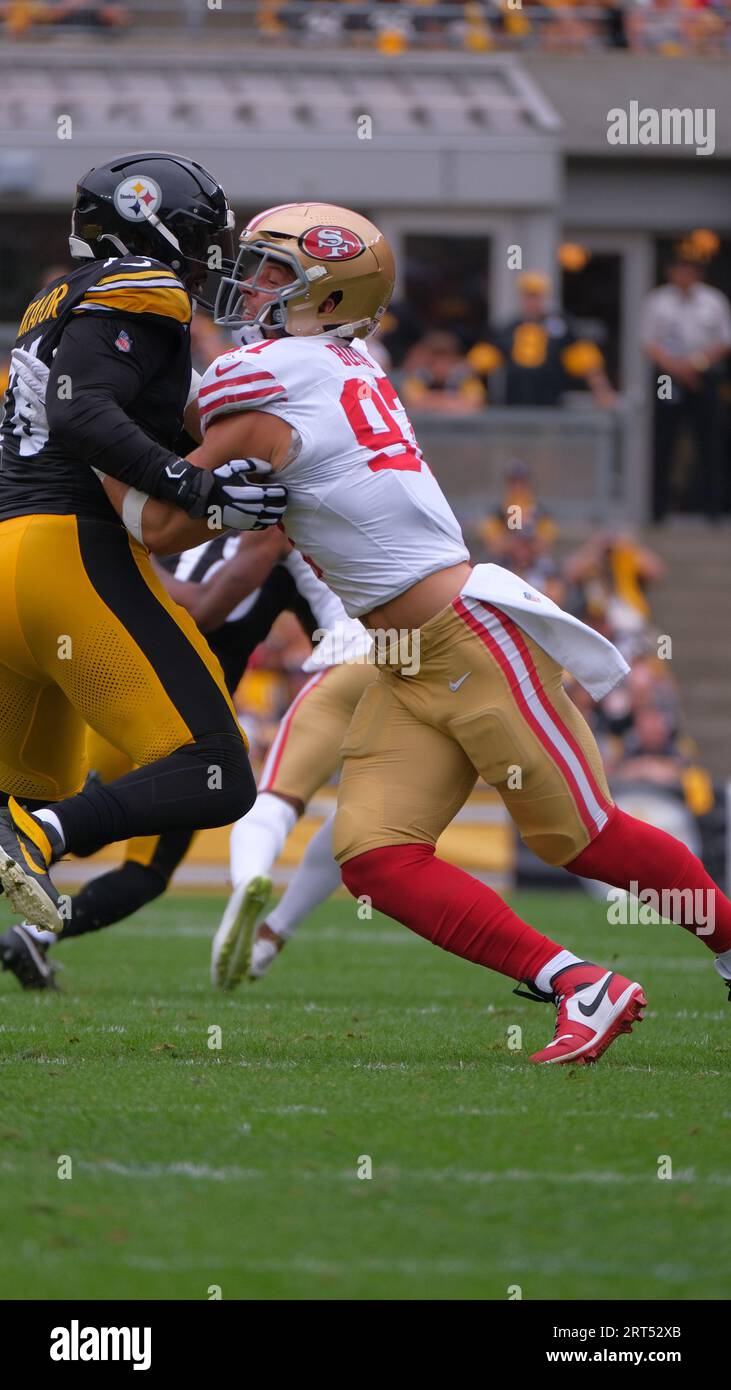 Santa Clara, California, USA. 24th Oct, 2021. Indianapolis Colts offensive  tackle Eric Fisher (79) holds San Francisco 49ers defensive end Nick Bosa  (97) while quarterback Carson Wentz (2) passes ball on Sunday