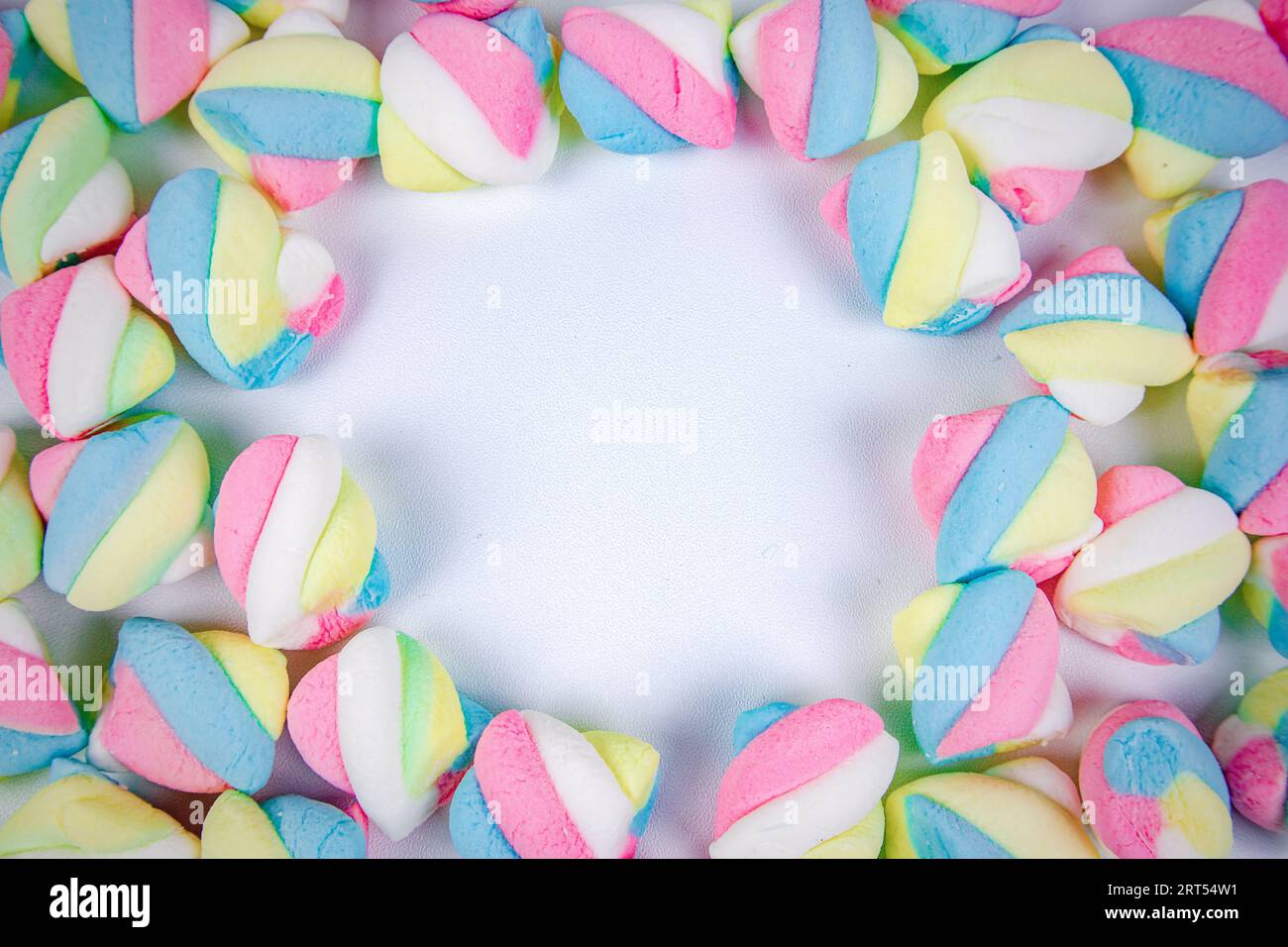 marshmallow candy on white background, top view Stock Photo