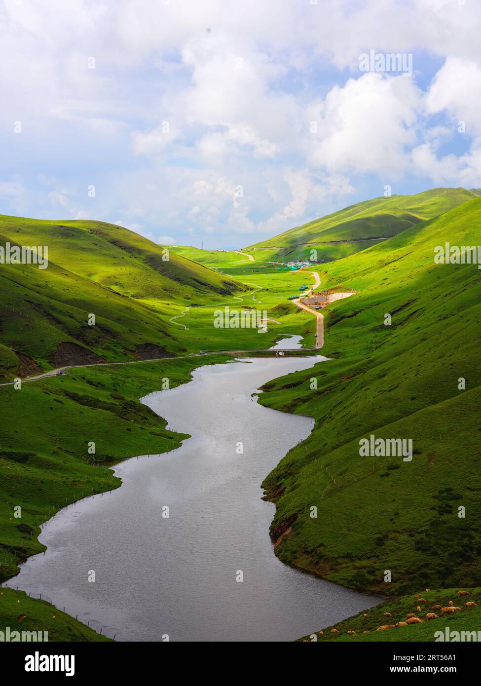 An aerial view of lush green hills and a tranquil river glistening in ...