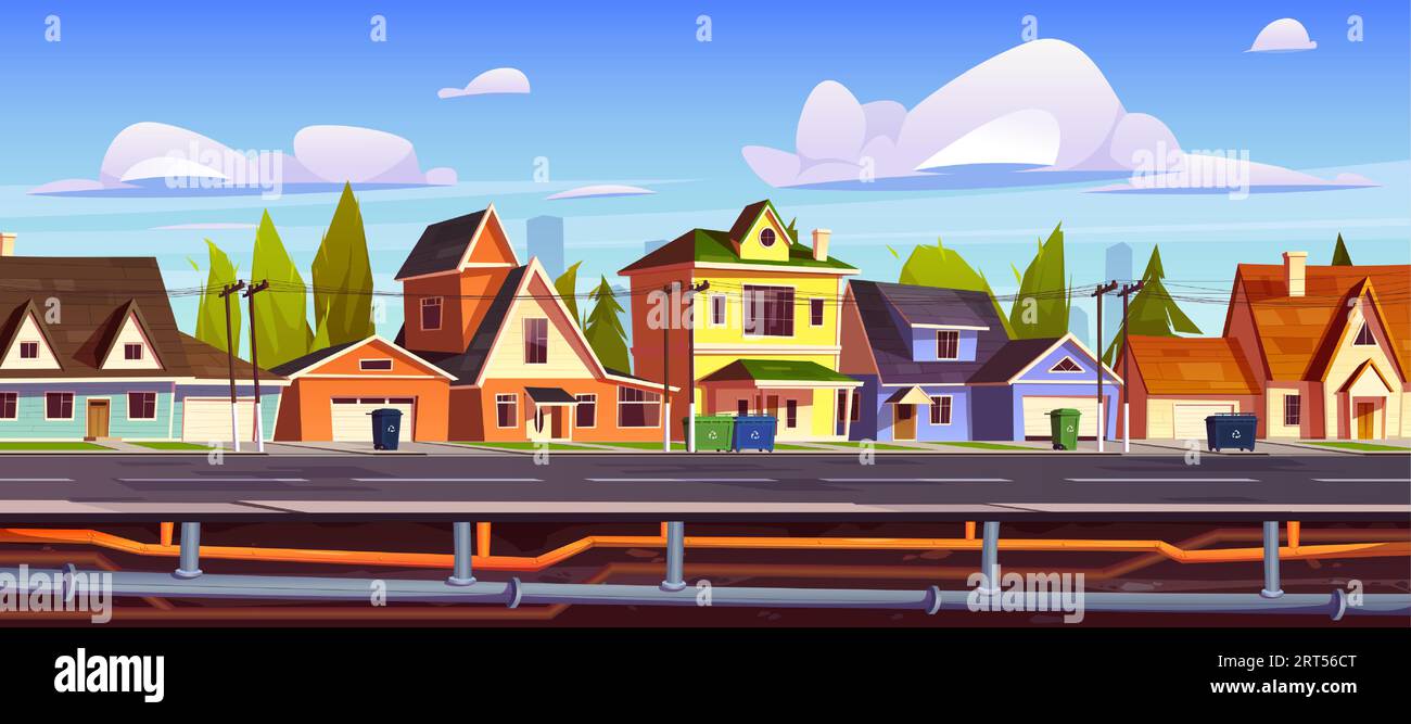 Town street with underground pipeline system. Vector cartoon