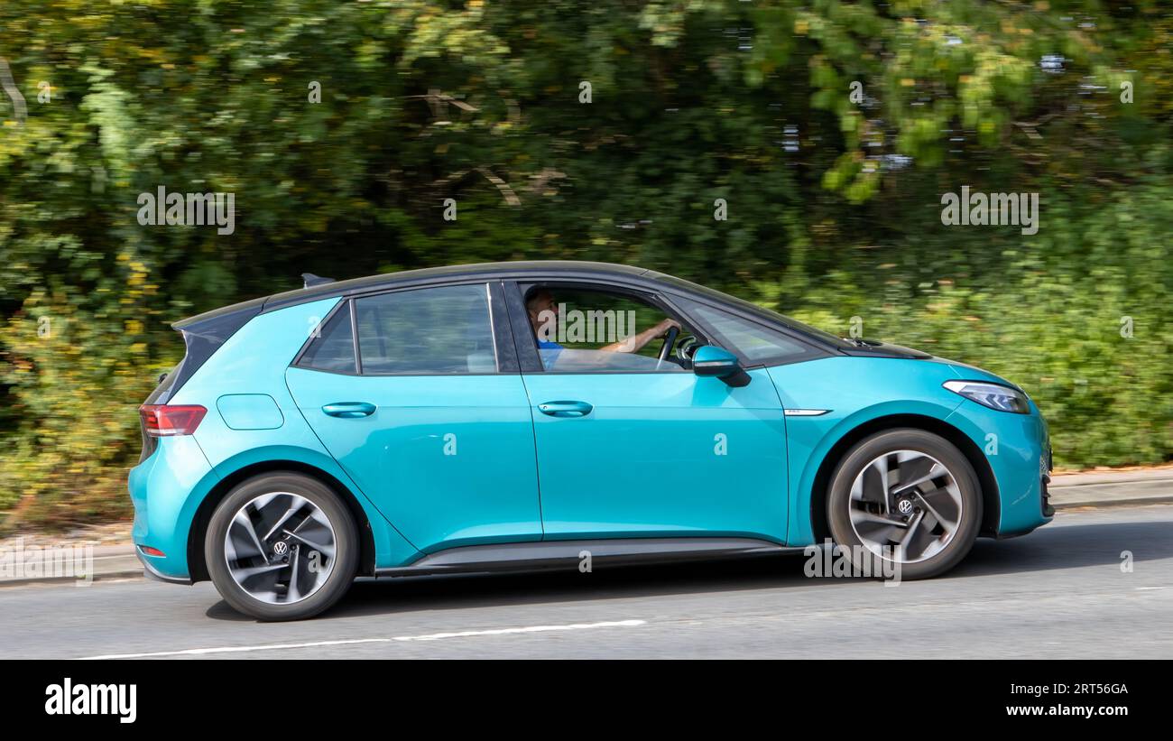 Milton Keynes,UK-Sept 10th 2023: 2020 turquoise Volkswagen ID3 Life electric car travelling on an English road. Stock Photo