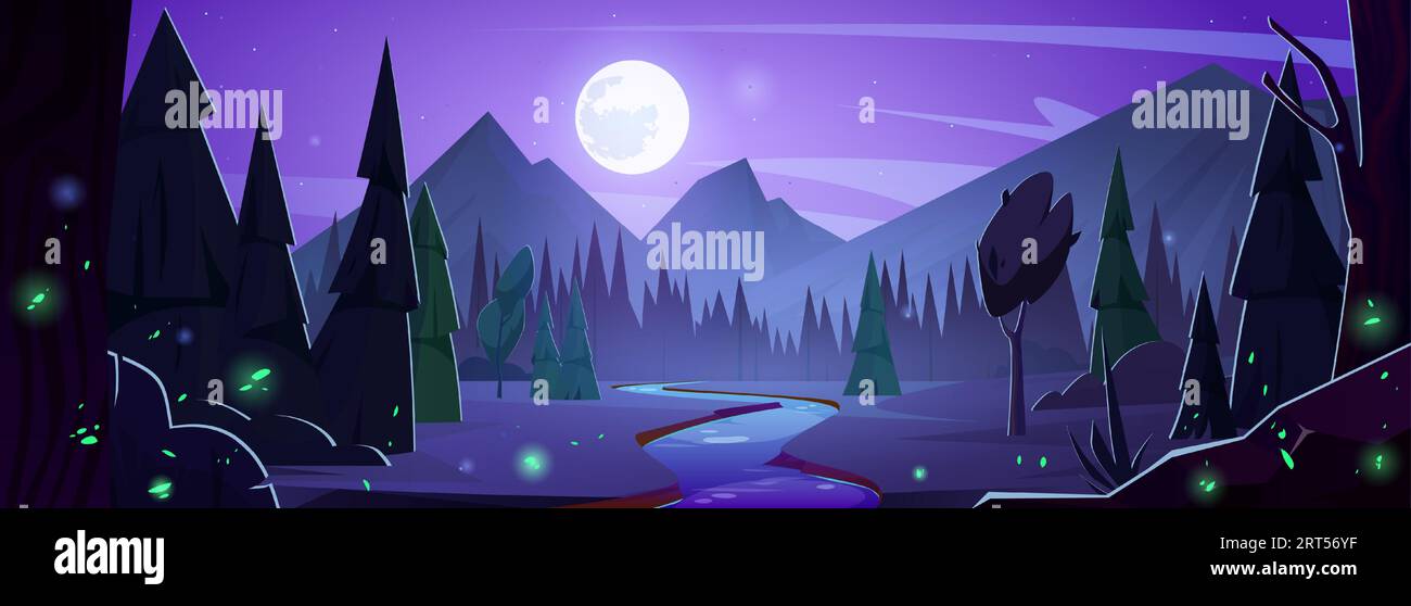 Night mountain forest landscape with river and pine tree. Full moon ...