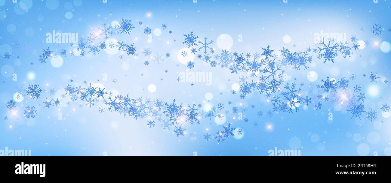 Snowfall Christmas background. Flying snow flakes and stars on winter blue  sky background. Winter wite snowflake template. Vector illustration, Stock  vector
