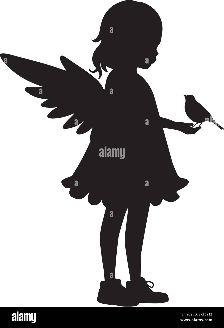 Angel girl silhouette holding little bird, vector. Girl angel silhouette with bird. Wall decals isolated on white background, art design, artwork. Stock Vector