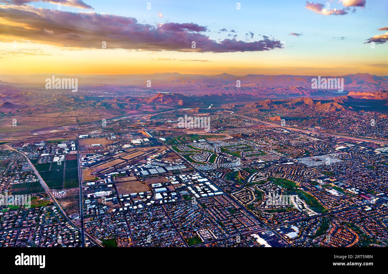 Aerial sunset landscape of suburbs of Phoenix, Arizona Stock Photo - Alamy