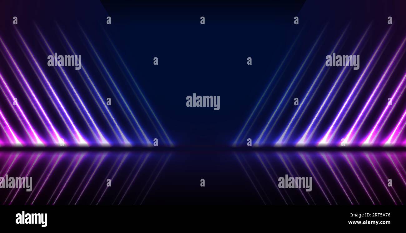 Blue and ultraviolet neon laser lines with reflection. Abstract rays ...