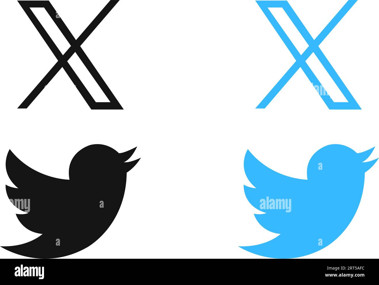 X New Twitter icon. Twitter rebrand little bird to X letter symbol. Twitter X new logo vcetor. Elon Musk change social media logo Novation. Set of Twi Stock Vector