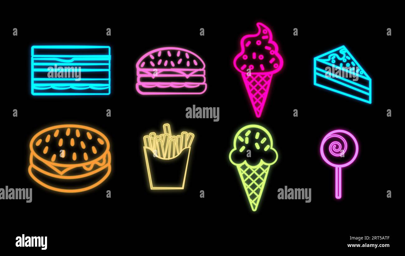 https://c8.alamy.com/comp/2RT5ATF/neon-bright-glowing-multicolored-set-of-eight-icons-of-delicious-food-and-snack-items-for-restaurant-bar-cafe-sandwich-ice-cream-burger-cake-frie-2RT5ATF.jpg