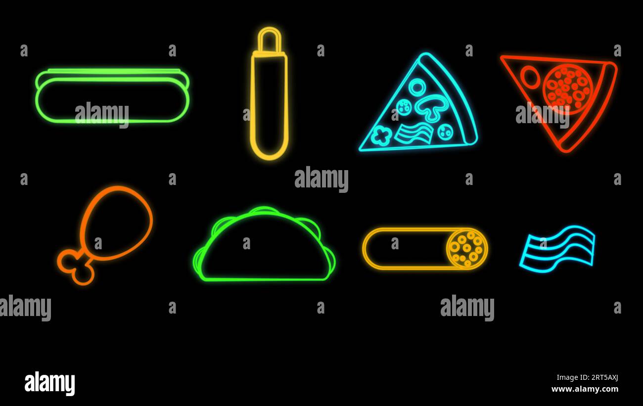 Neon bright glowing multicolored set of eight icons of delicious food