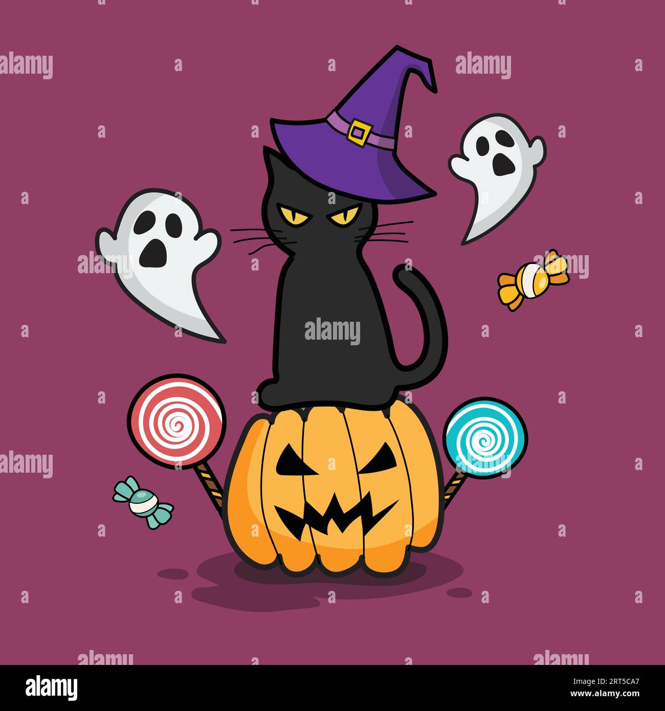 Black cat in a witch hat sitting on a Halloween pumpkin doodle style ...