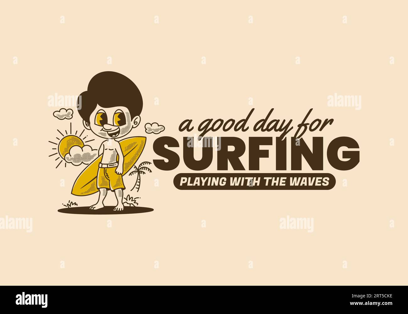 A good day for surfing, vintage illustration of a boy standing on the beach holding a surfboard Stock Vector