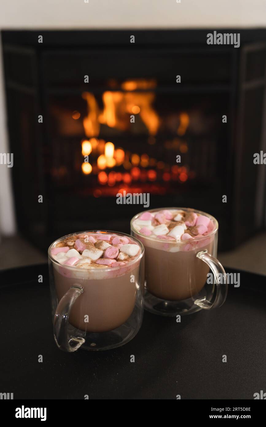 Close up of two cups of hot chocolate with marshmallows and open fire in fireplace, copy space Stock Photo