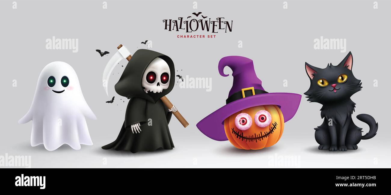 Halloween characters horror vector set design. Halloween character like grim reaper, ghost, pumpkin and cute cat mascot cartoon. Vector illustration Stock Vector