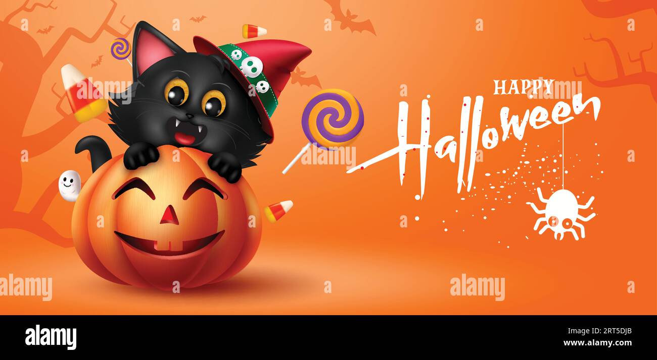 Happy halloween text vector design. Halloween greeting with kitten pet and pumpkin character for kids party invitation card decoration  background. Stock Vector