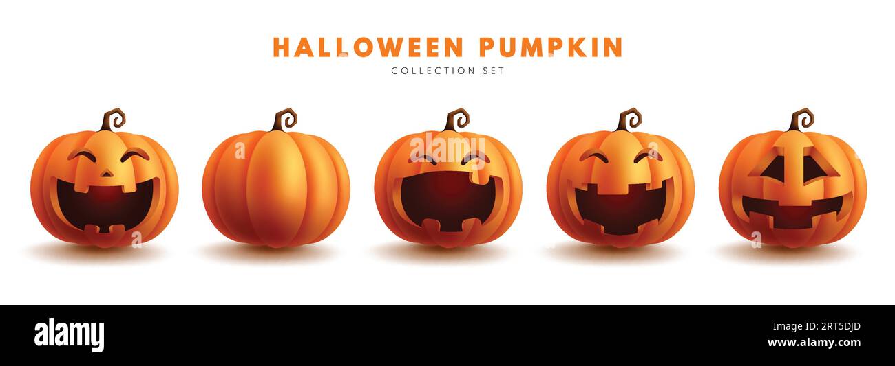 Halloween pumpkins set vector set design. Pumpkin halloween collection isolated in white for horror, scary and spooky mascot collection elements. Stock Vector