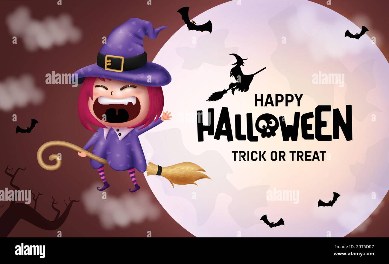 Happy halloween text vector design. Halloween trick o treat greeting in full moon elements with flying cute witch character. Vector illustration party Stock Vector