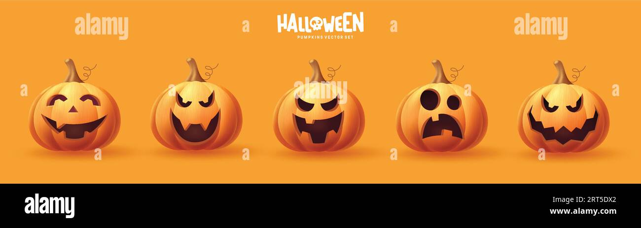Halloween pumpkins set vector design. Halloween pumpkin orange elements collection in scary and creepy facial expression. Vector illustration pumpkins Stock Vector