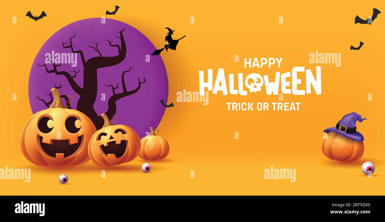 Happy halloween text vector design. Halloween trick or treat invitation card with cute pumpkins character elements. Vector illustration horror party Stock Vector