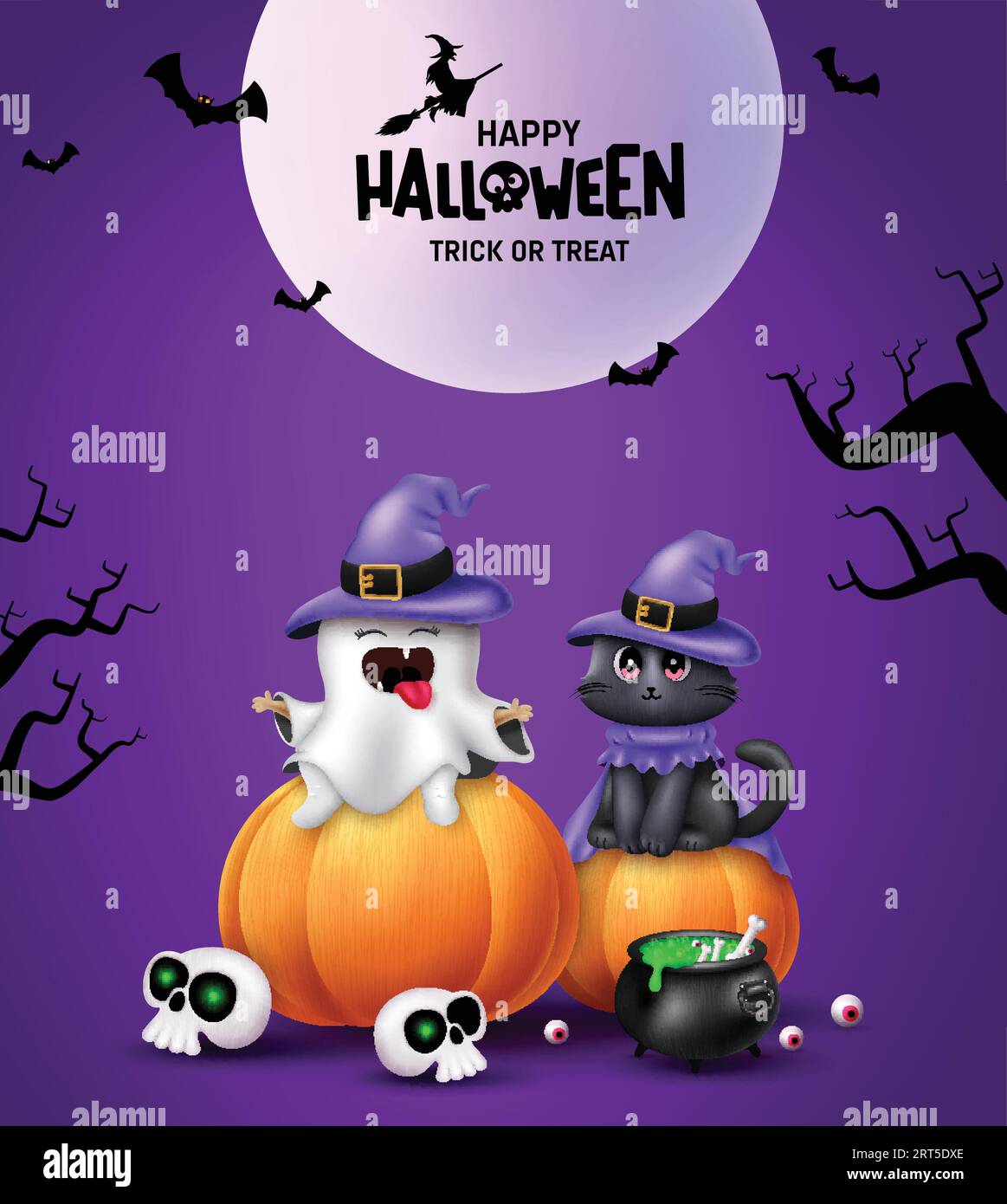 Halloween ghost character vector design. Happy halloween text with cute kitten character seating in pumpkin elements in full moon night background. Stock Vector