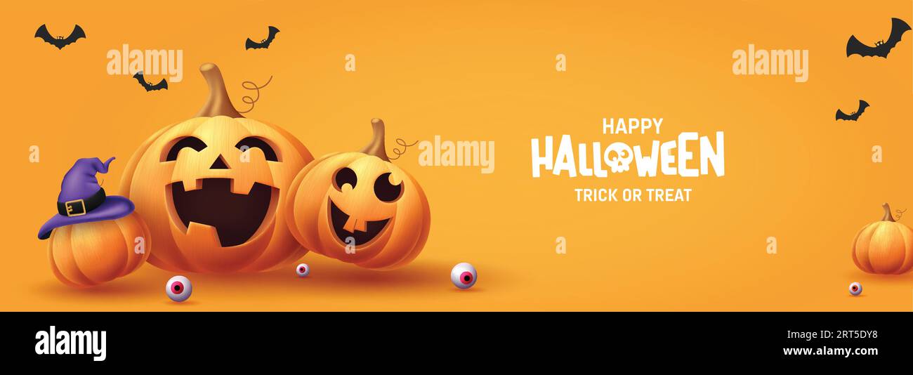 Halloween text vector design. Happy halloween trick or treat in orange space with pumpkins lantern elements decoration. Vector illustration party Stock Vector
