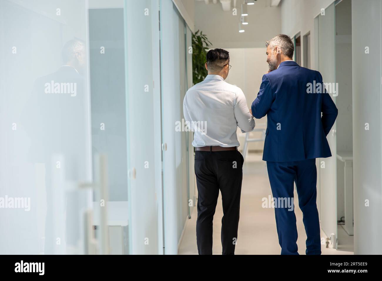 Men walking along corridor in office and talking about their work. Stock Photo
