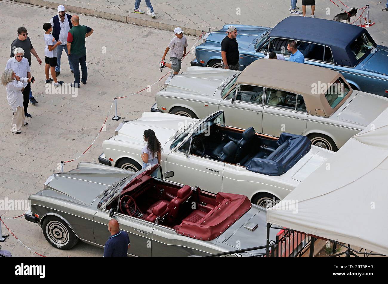 Deir El Qamar, Lebanon. 10th Sep, 2023. People visit a classic car show held in Deir el Qamar, Mount Lebanon Governorate, Lebanon, on Sept. 10, 2023. A classic car show was held Sunday in Deir el Qamar, a historic town in south-central Lebanon, featuring about 50 classic cars from different eras. Credit: Bilal Jawich/Xinhua/Alamy Live News Stock Photo