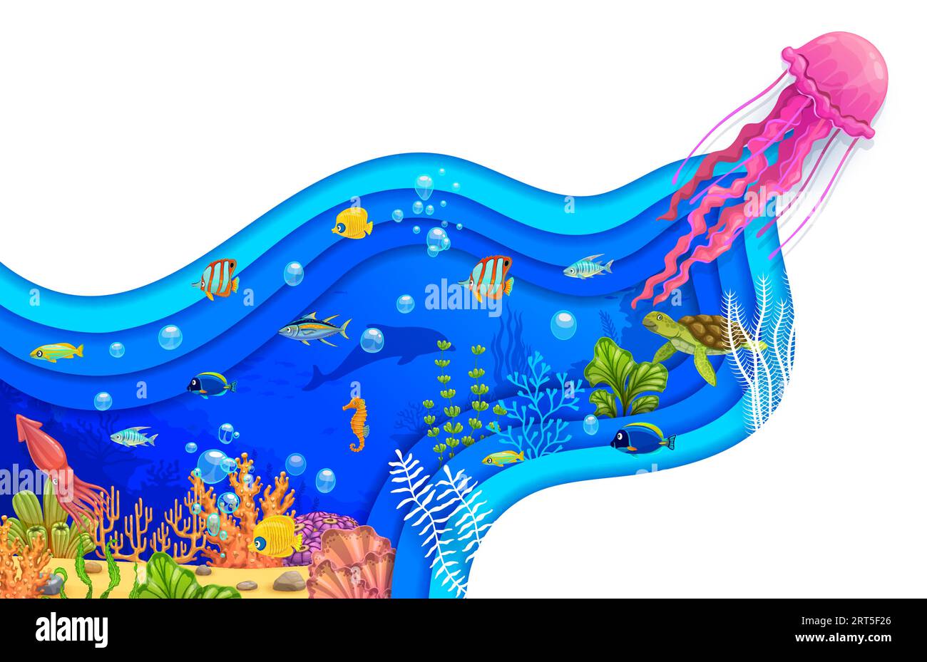 Cartoon jellyfish and sea paper cut underwater landscape. Ocean water ...