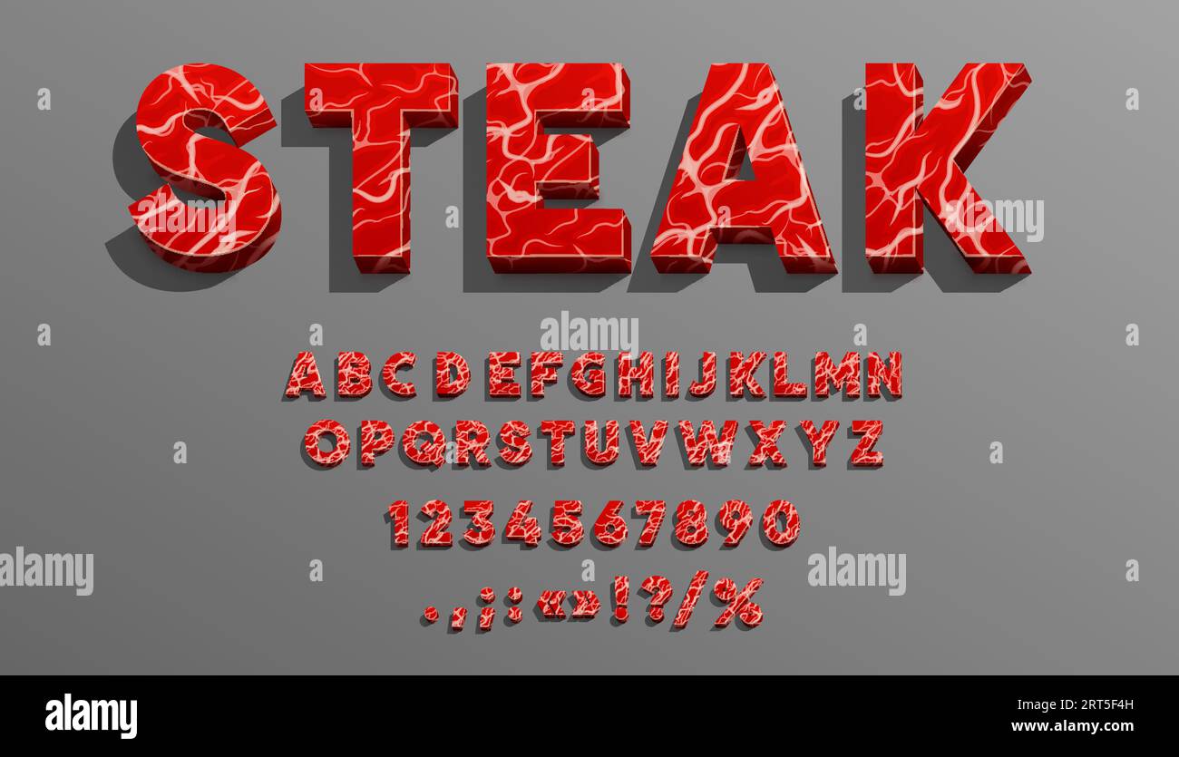 Meat font, butcher type, grill typeface, bbq beef letters alphabet