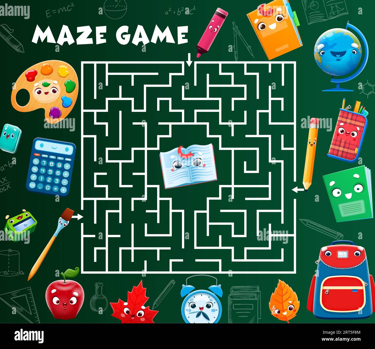 Labyrinth maze game. Help to cartoon school stationery characters find a  friend. Kids puzzle vector worksheet