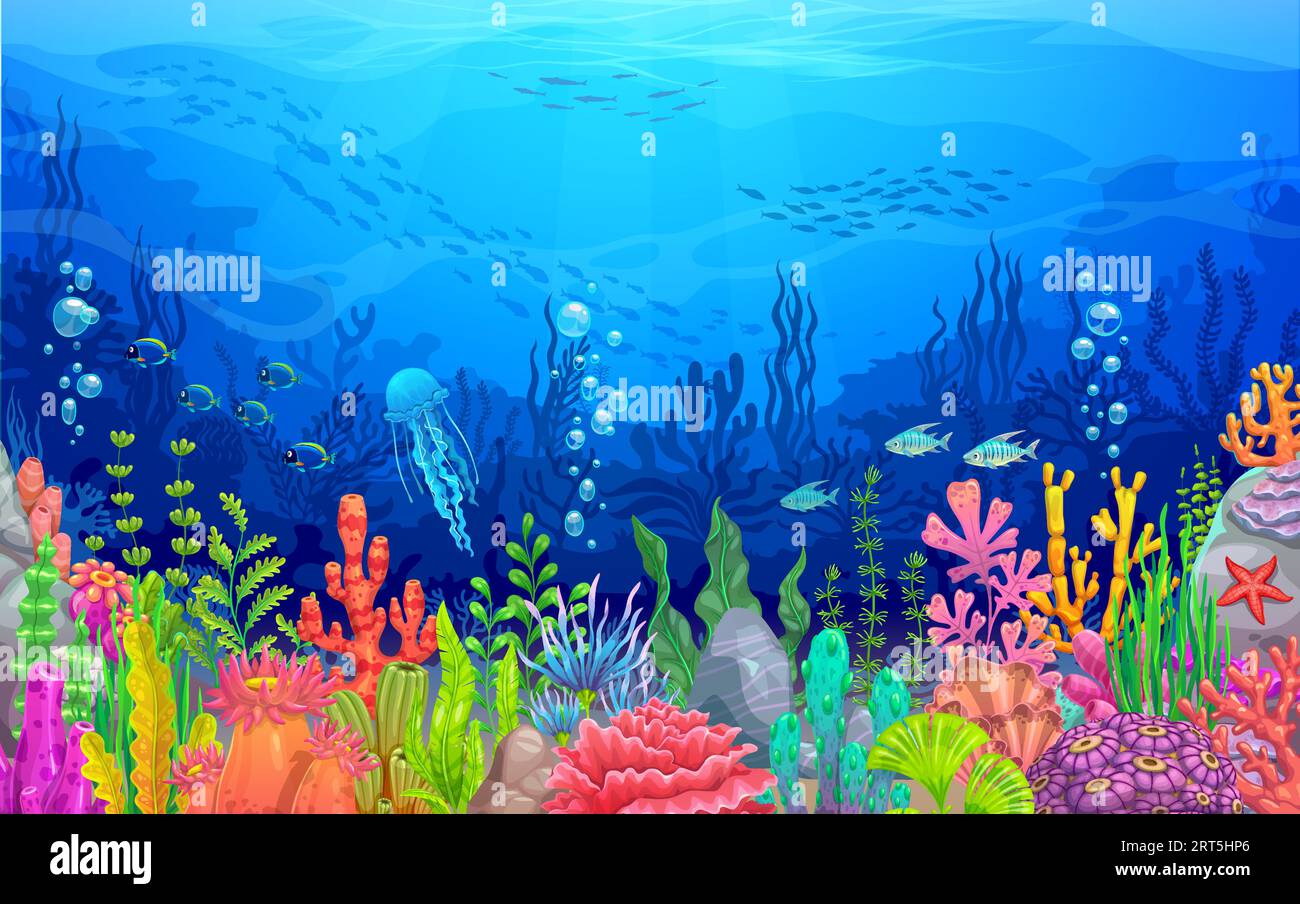 Sea underwater landscape with cartoon seaweeds and corals, undersea or ...
