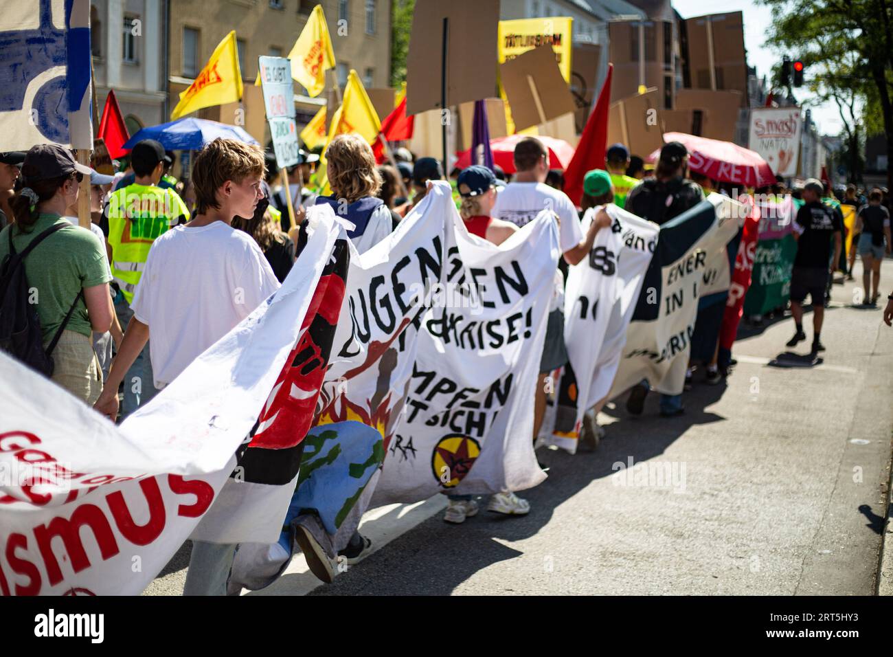 Munich, Germany. 10th Sep, 2023. On September 10, 2023 thousands protested in Munich, Germany against the IAA Mobility. They demand a real mobility turnaround, to nationalize car corporations, and no more IAA in Munich. (Photo by Alexander Pohl/Sipa USA) Credit: Sipa USA/Alamy Live News Stock Photo