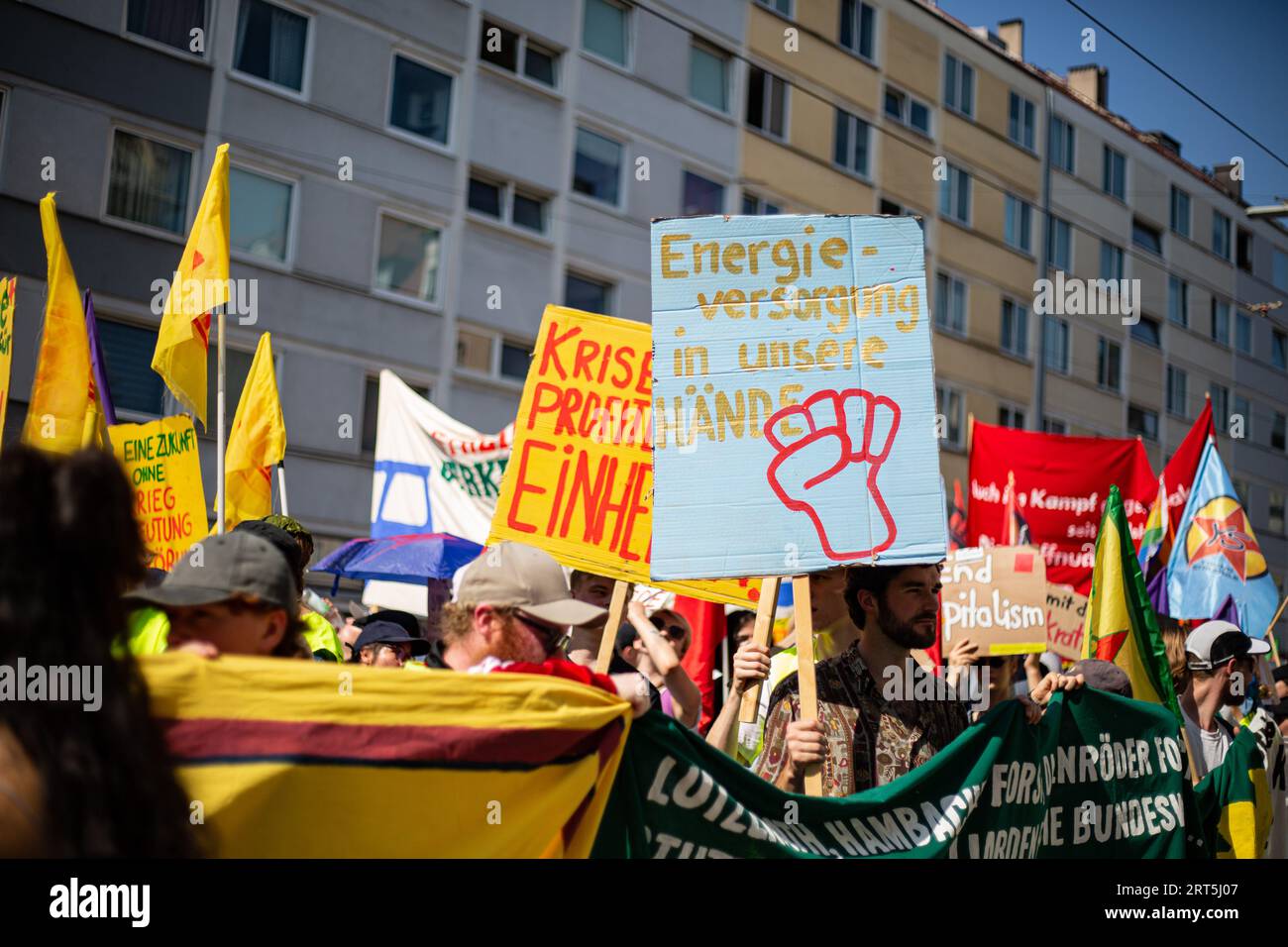 Munich, Germany. 10th Sep, 2023. On September 10, 2023 thousands protested in Munich, Germany against the IAA Mobility. They demand a real mobility turnaround, to nationalize car corporations, and no more IAA in Munich. (Photo by Alexander Pohl/Sipa USA) Credit: Sipa USA/Alamy Live News Stock Photo