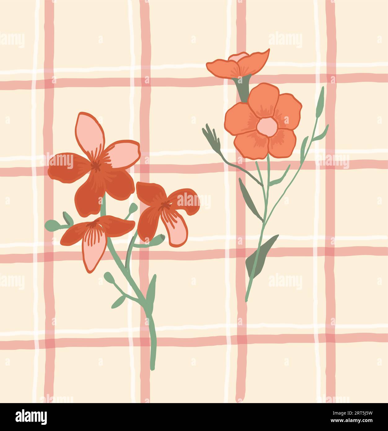 Cottagecore plaid gingham print wallpaper with red pattern. Hand drawn