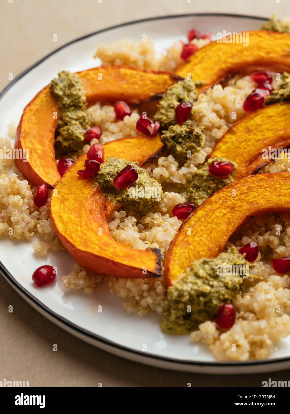 Home made roasted winter squash with quinoa and mint pesto, garnished with pomegranate arils. Stock Photo